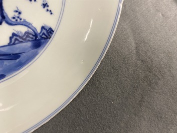 A Chinese blue and white 'Three friends of winter' dish, Xuande mark, Kangxi